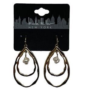 Nicole Miller Gold Tone Double Oval Hoop Simulated Pearl Earrings NEW